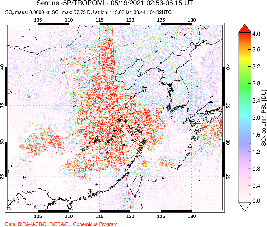 A sulfur dioxide image over Eastern China on May 19, 2021.