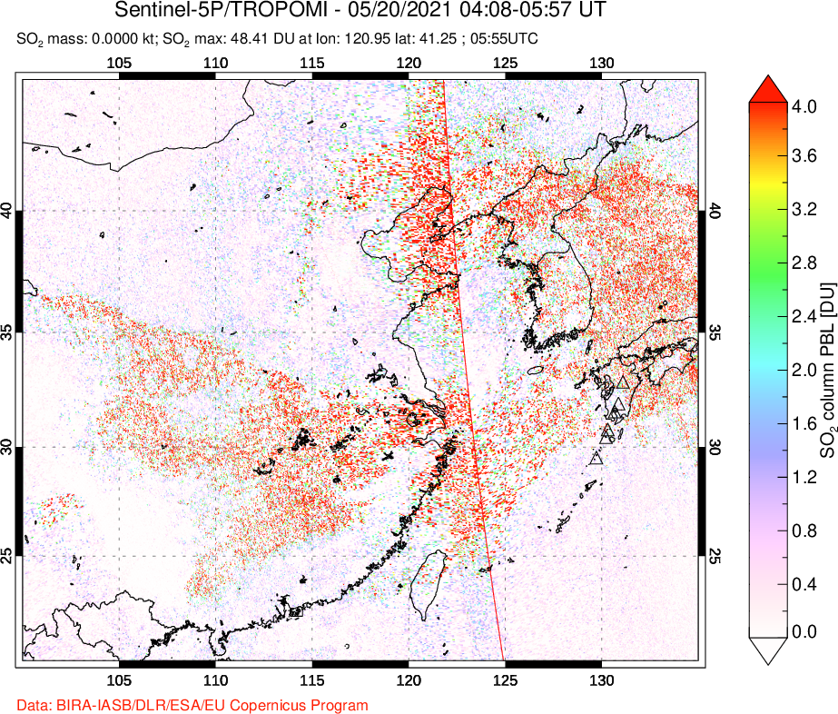 A sulfur dioxide image over Eastern China on May 20, 2021.