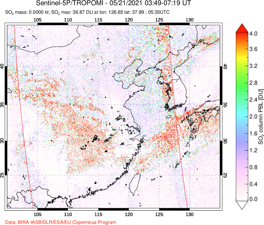 A sulfur dioxide image over Eastern China on May 21, 2021.