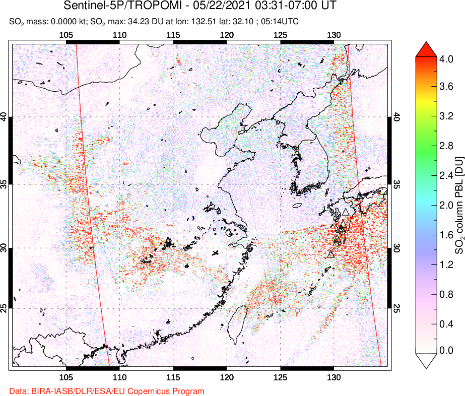 A sulfur dioxide image over Eastern China on May 22, 2021.