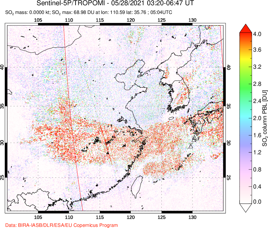 A sulfur dioxide image over Eastern China on May 28, 2021.