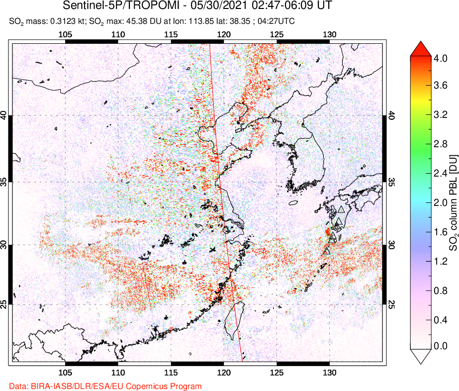 A sulfur dioxide image over Eastern China on May 30, 2021.