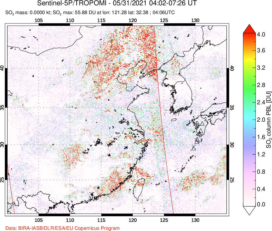 A sulfur dioxide image over Eastern China on May 31, 2021.