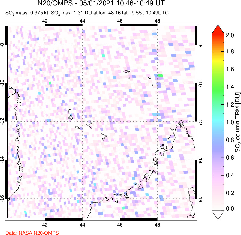A sulfur dioxide image over Comoro Islands on May 01, 2021.