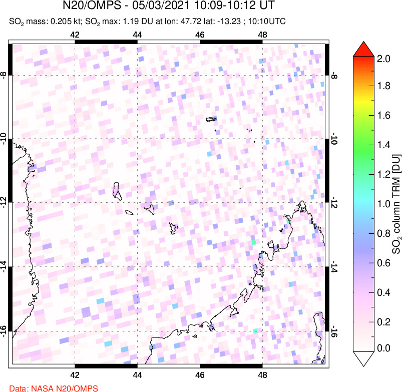 A sulfur dioxide image over Comoro Islands on May 03, 2021.