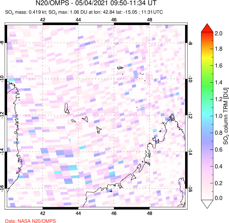 A sulfur dioxide image over Comoro Islands on May 04, 2021.