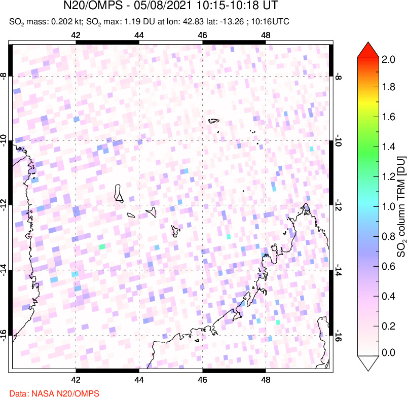 A sulfur dioxide image over Comoro Islands on May 08, 2021.