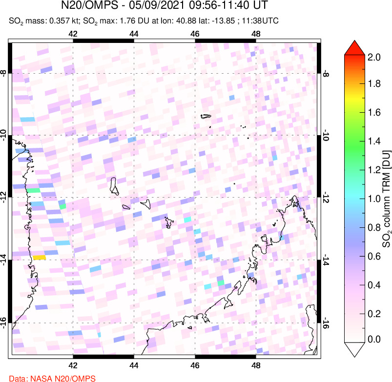A sulfur dioxide image over Comoro Islands on May 09, 2021.