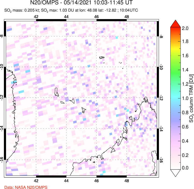 A sulfur dioxide image over Comoro Islands on May 14, 2021.