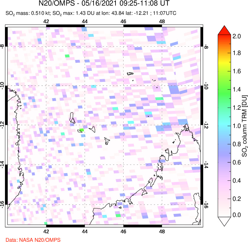 A sulfur dioxide image over Comoro Islands on May 16, 2021.