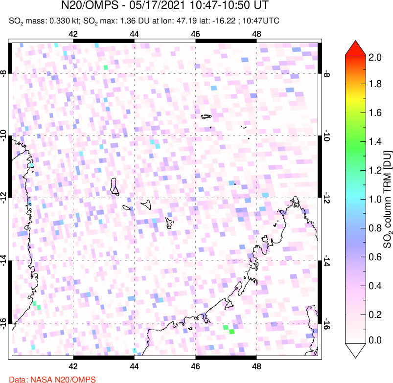 A sulfur dioxide image over Comoro Islands on May 17, 2021.