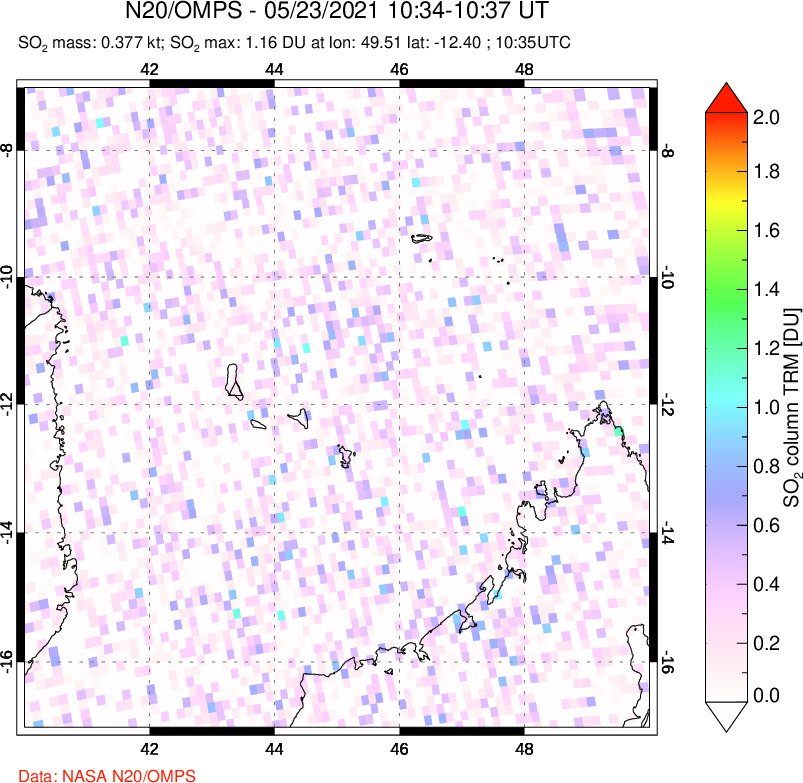 A sulfur dioxide image over Comoro Islands on May 23, 2021.