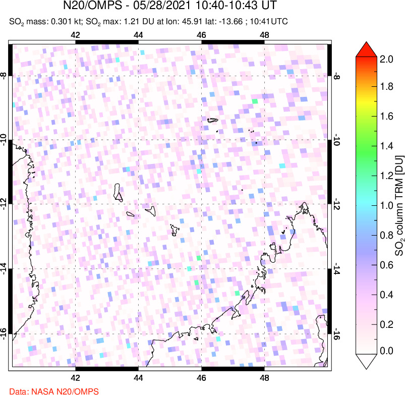 A sulfur dioxide image over Comoro Islands on May 28, 2021.