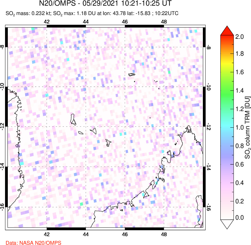A sulfur dioxide image over Comoro Islands on May 29, 2021.