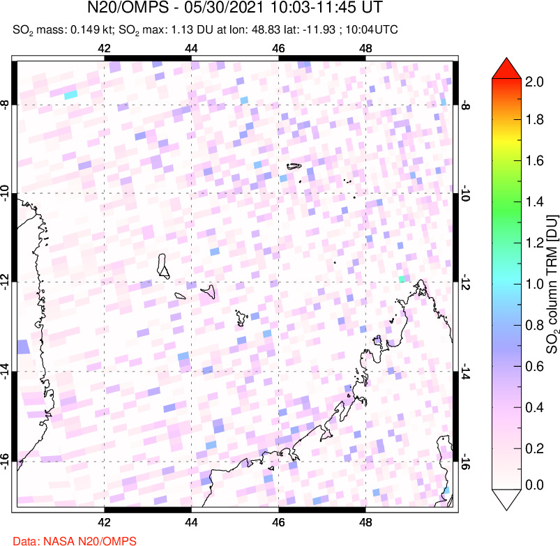 A sulfur dioxide image over Comoro Islands on May 30, 2021.