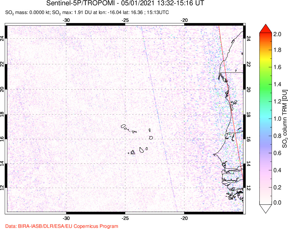 A sulfur dioxide image over Cape Verde Islands on May 01, 2021.