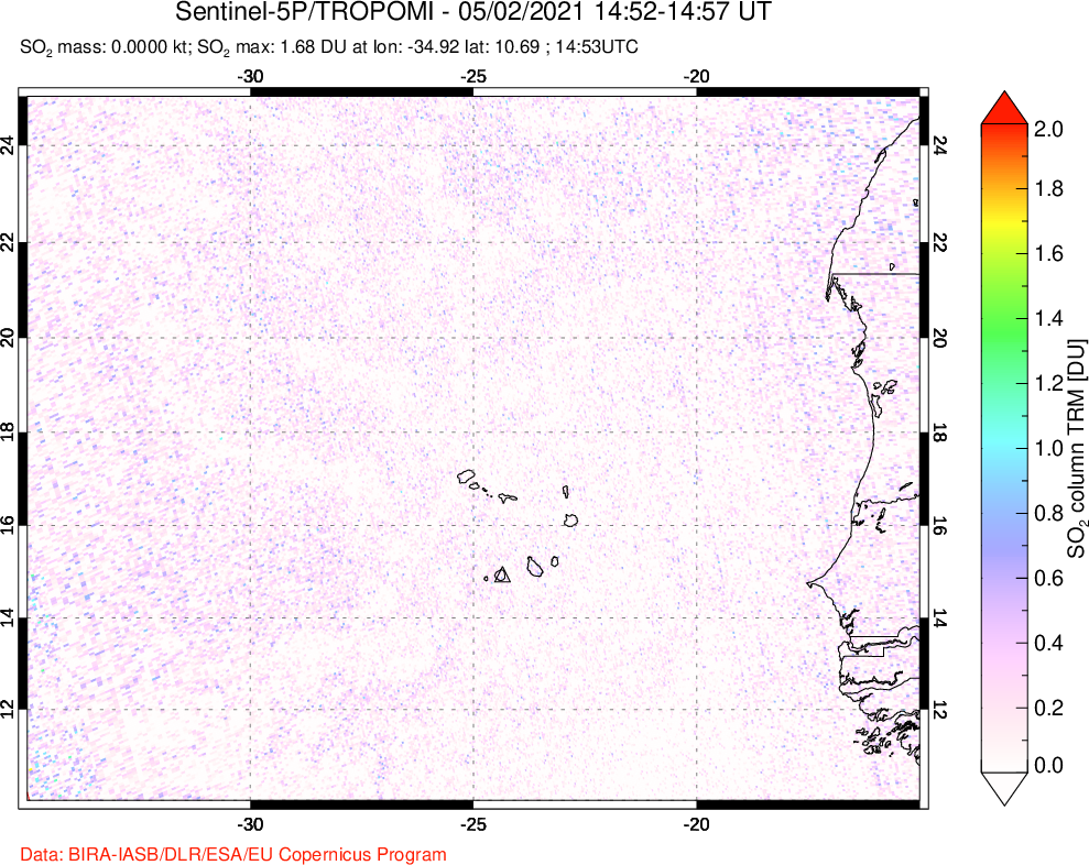 A sulfur dioxide image over Cape Verde Islands on May 02, 2021.