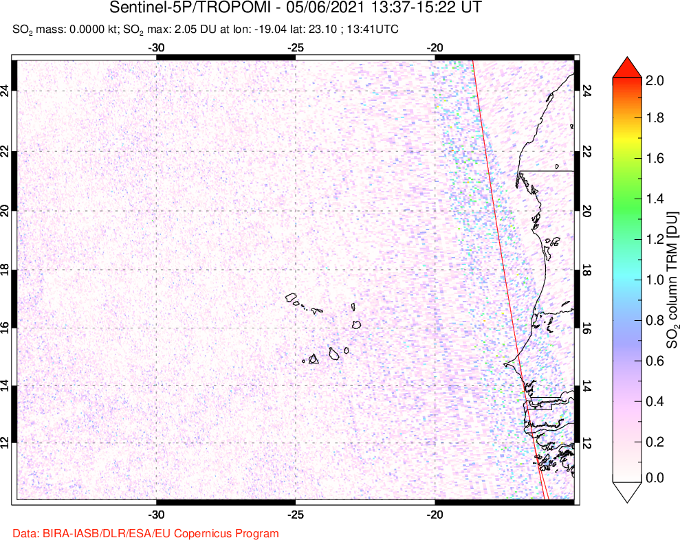 A sulfur dioxide image over Cape Verde Islands on May 06, 2021.