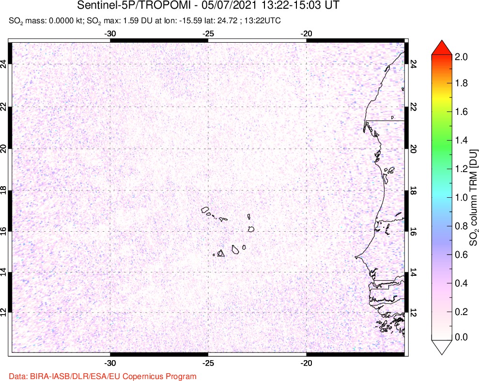 A sulfur dioxide image over Cape Verde Islands on May 07, 2021.