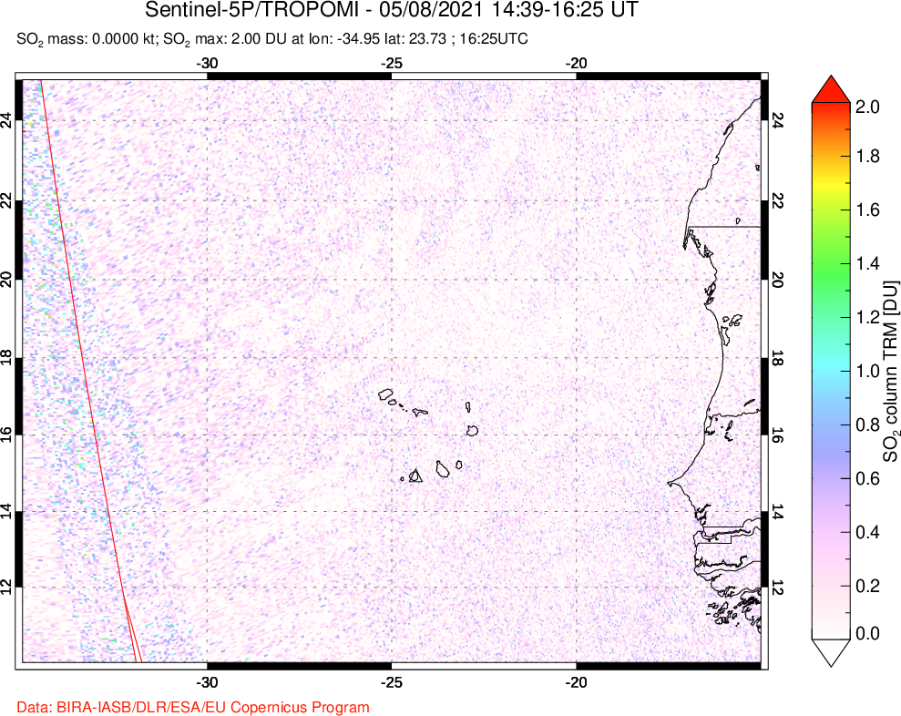 A sulfur dioxide image over Cape Verde Islands on May 08, 2021.