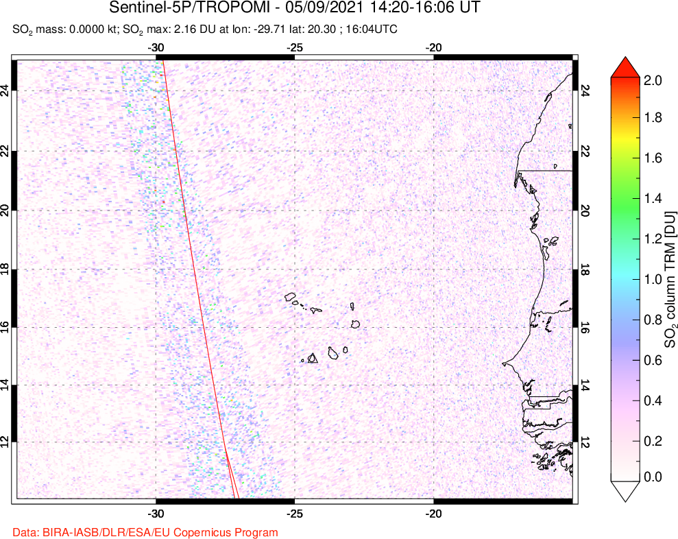 A sulfur dioxide image over Cape Verde Islands on May 09, 2021.