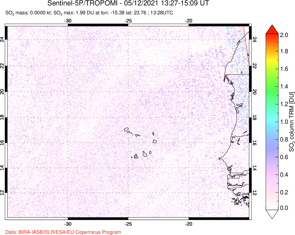 A sulfur dioxide image over Cape Verde Islands on May 12, 2021.