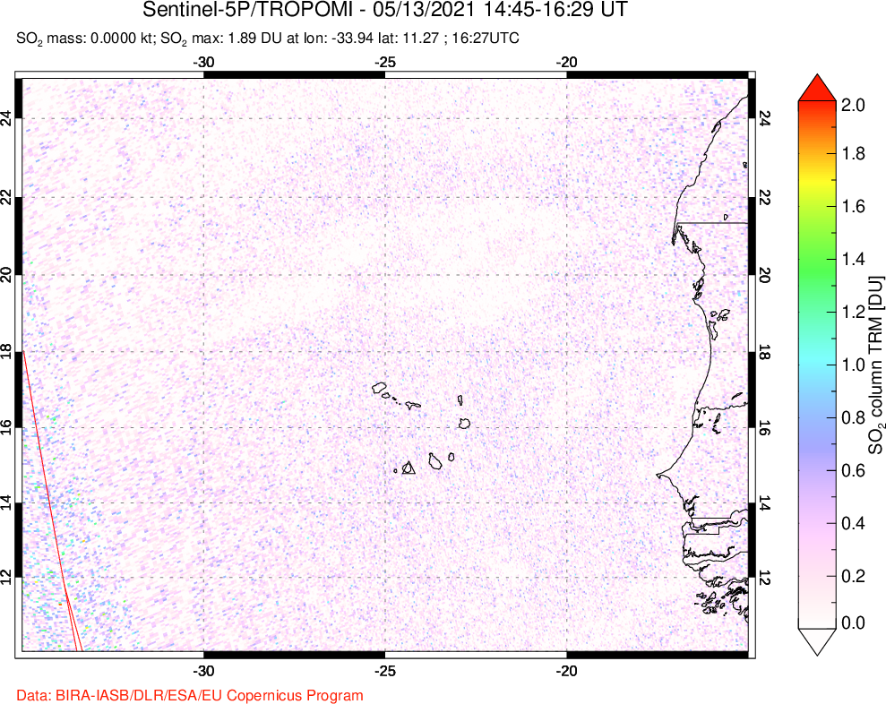 A sulfur dioxide image over Cape Verde Islands on May 13, 2021.