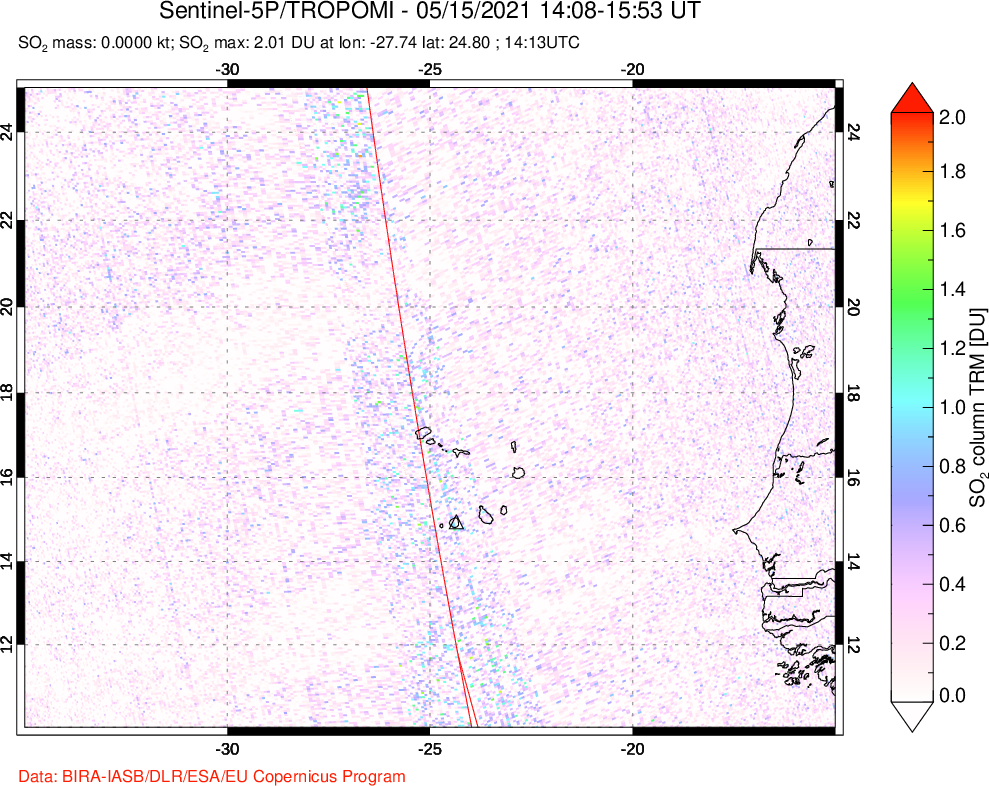 A sulfur dioxide image over Cape Verde Islands on May 15, 2021.