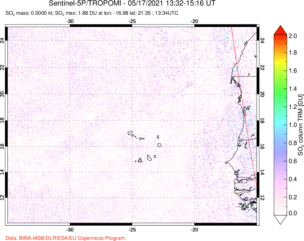 A sulfur dioxide image over Cape Verde Islands on May 17, 2021.