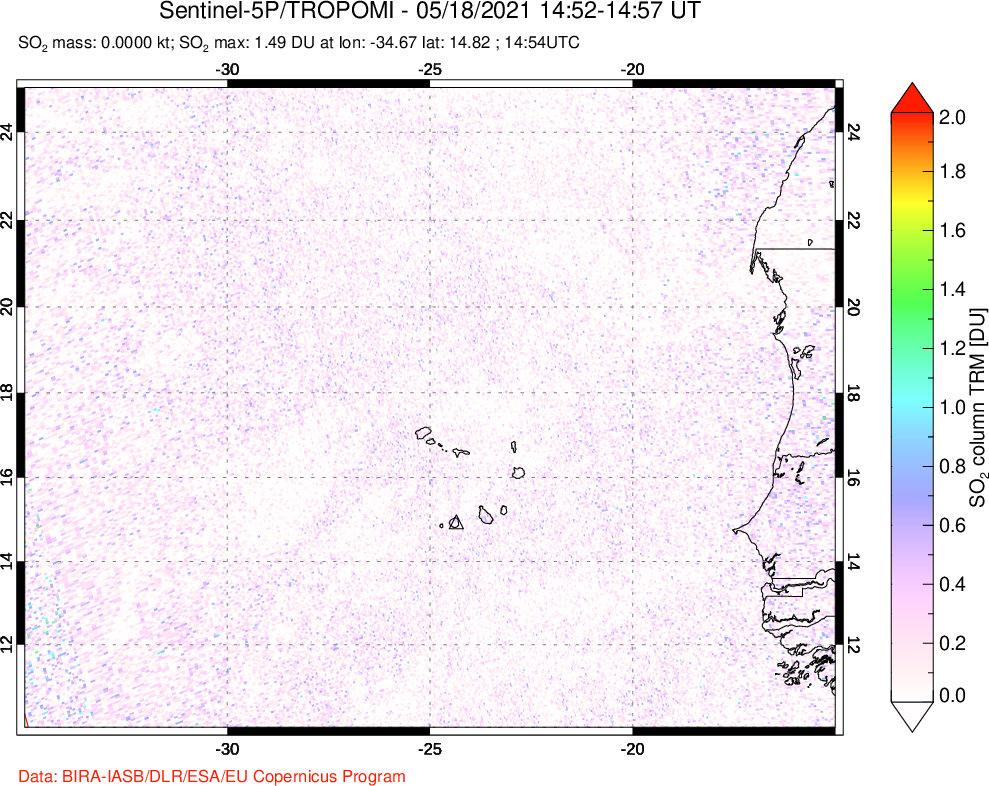 A sulfur dioxide image over Cape Verde Islands on May 18, 2021.