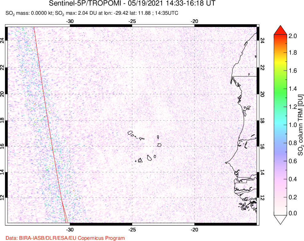 A sulfur dioxide image over Cape Verde Islands on May 19, 2021.
