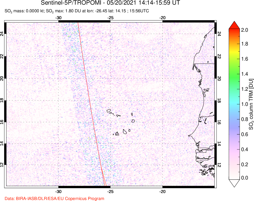 A sulfur dioxide image over Cape Verde Islands on May 20, 2021.
