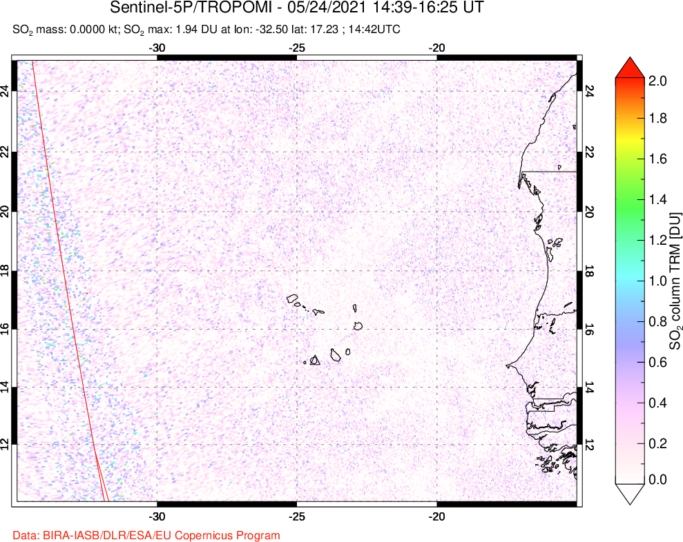 A sulfur dioxide image over Cape Verde Islands on May 24, 2021.