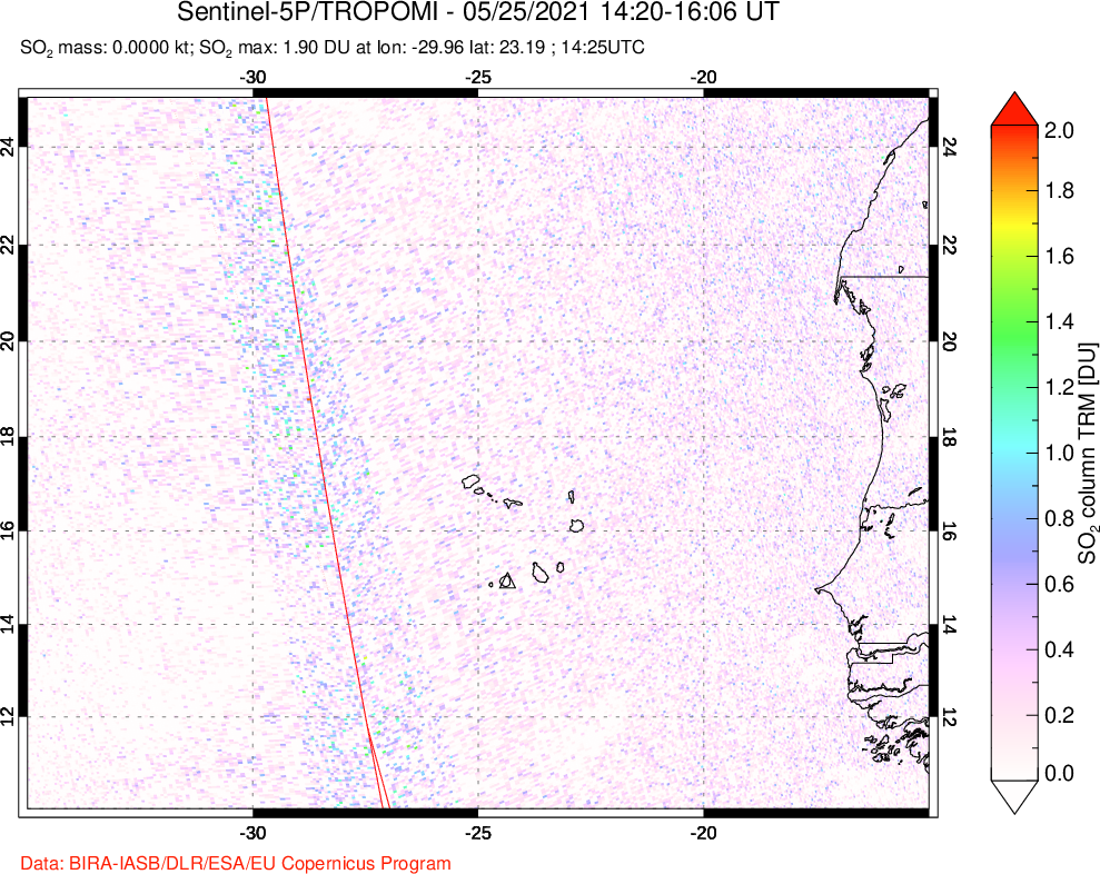 A sulfur dioxide image over Cape Verde Islands on May 25, 2021.