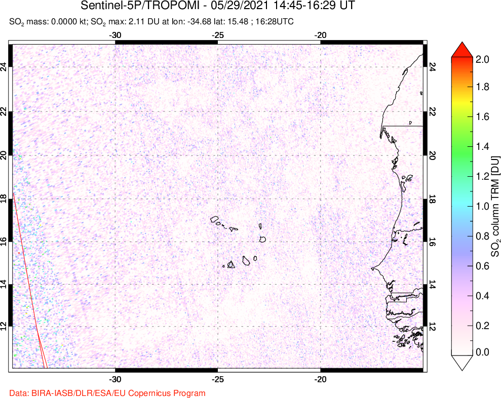 A sulfur dioxide image over Cape Verde Islands on May 29, 2021.