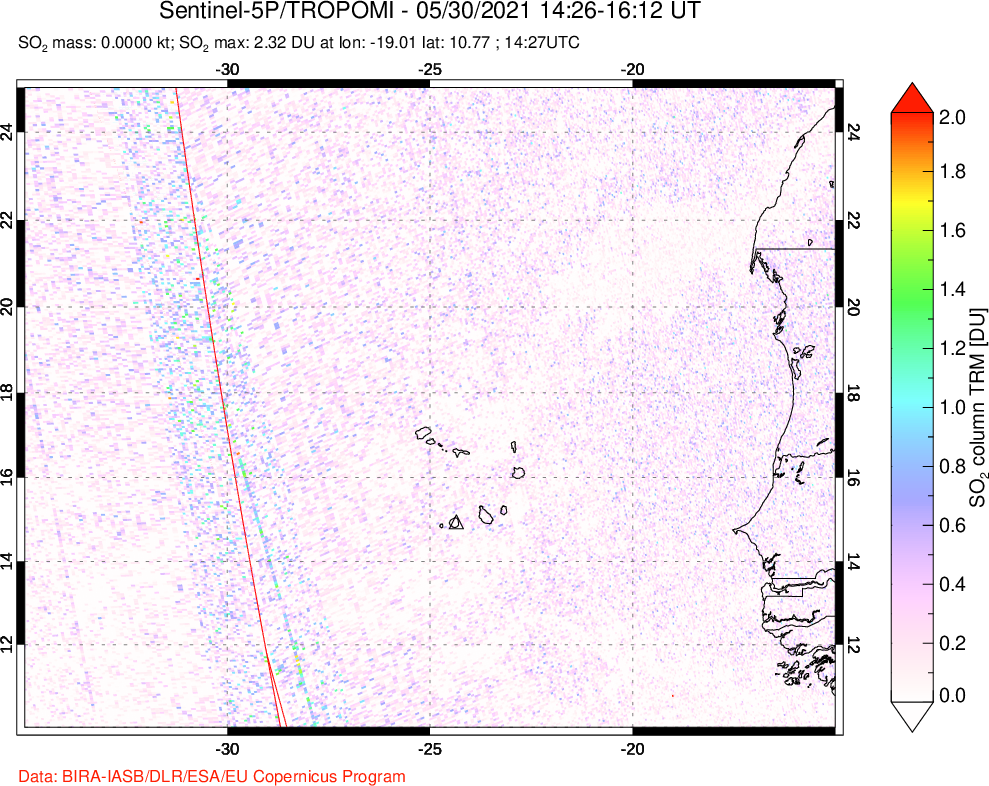 A sulfur dioxide image over Cape Verde Islands on May 30, 2021.