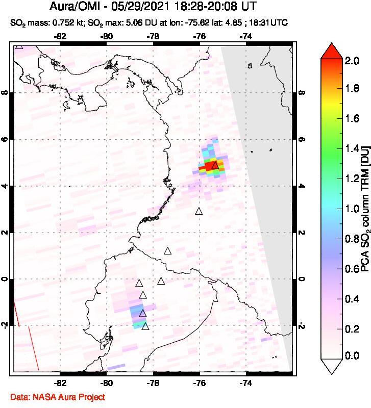 A sulfur dioxide image over Ecuador on May 29, 2021.