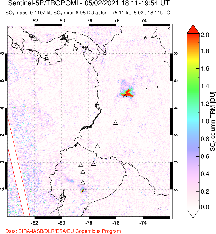 A sulfur dioxide image over Ecuador on May 02, 2021.