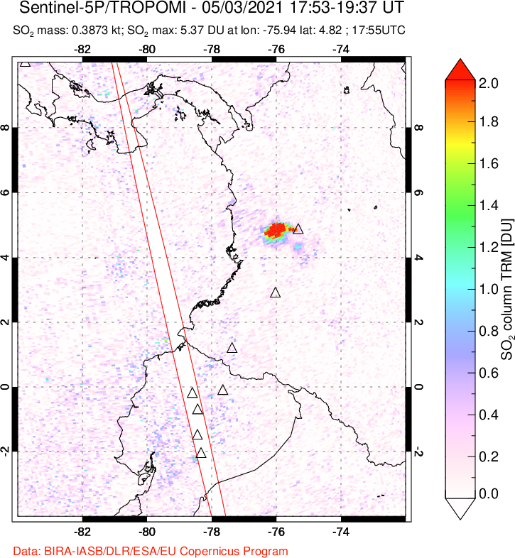 A sulfur dioxide image over Ecuador on May 03, 2021.