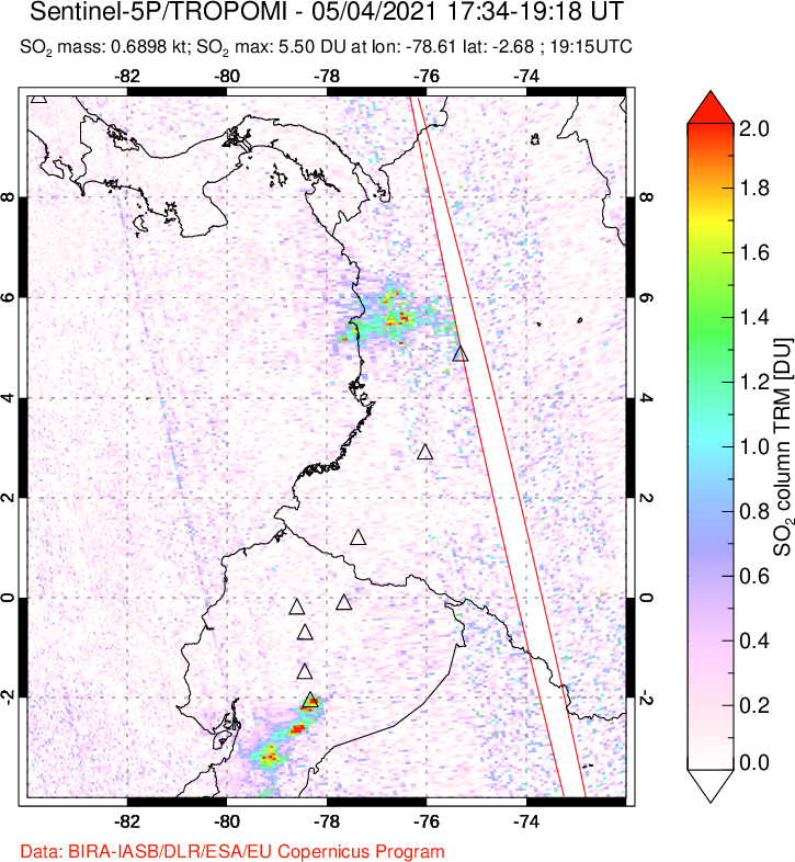 A sulfur dioxide image over Ecuador on May 04, 2021.