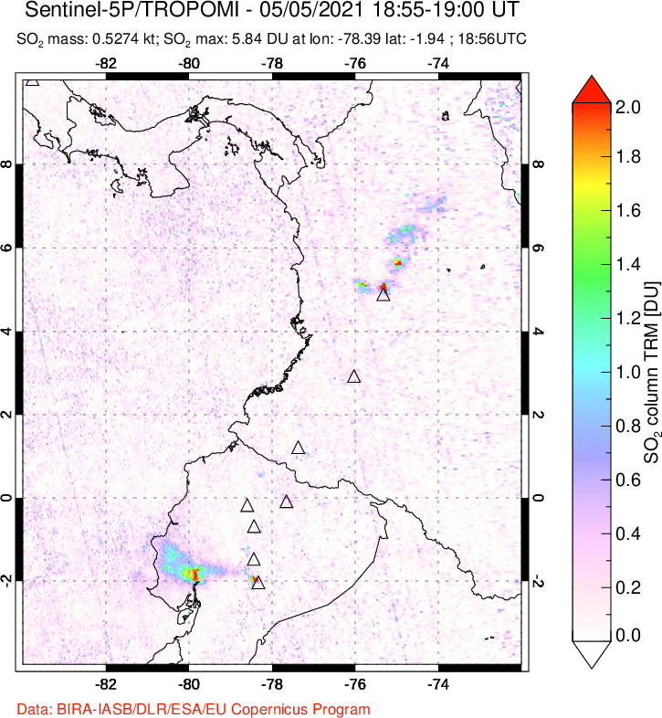 A sulfur dioxide image over Ecuador on May 05, 2021.