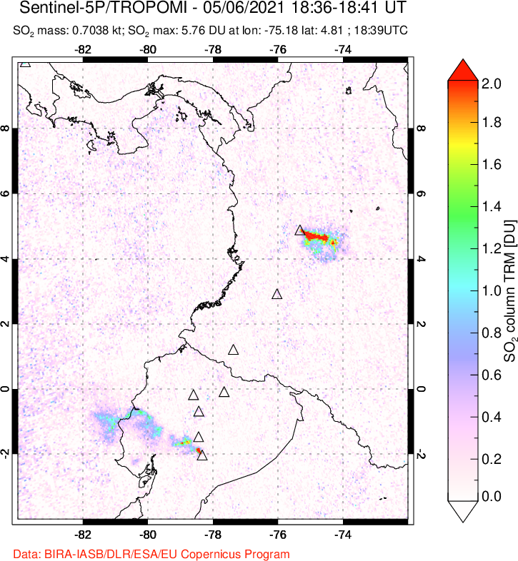 A sulfur dioxide image over Ecuador on May 06, 2021.