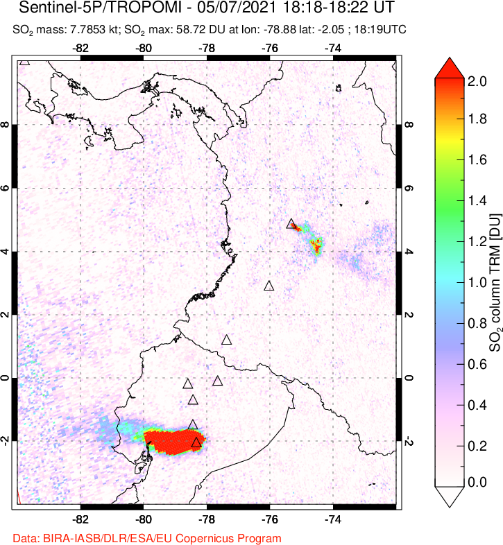 A sulfur dioxide image over Ecuador on May 07, 2021.