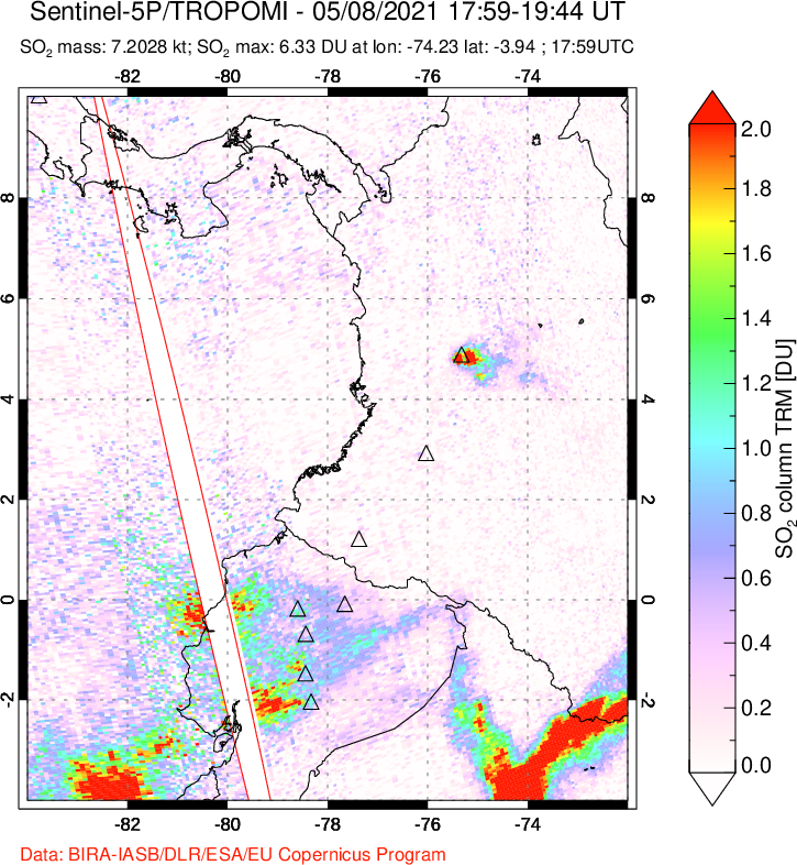 A sulfur dioxide image over Ecuador on May 08, 2021.
