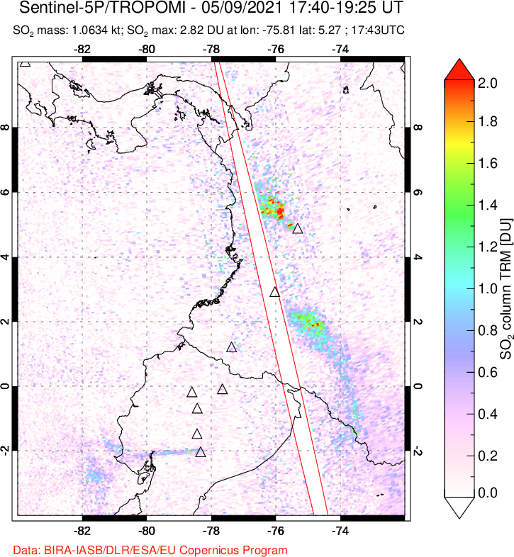 A sulfur dioxide image over Ecuador on May 09, 2021.