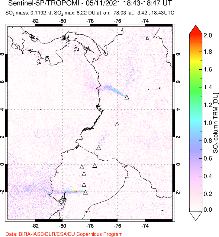 A sulfur dioxide image over Ecuador on May 11, 2021.