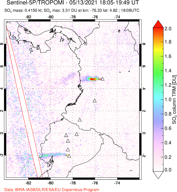 A sulfur dioxide image over Ecuador on May 13, 2021.