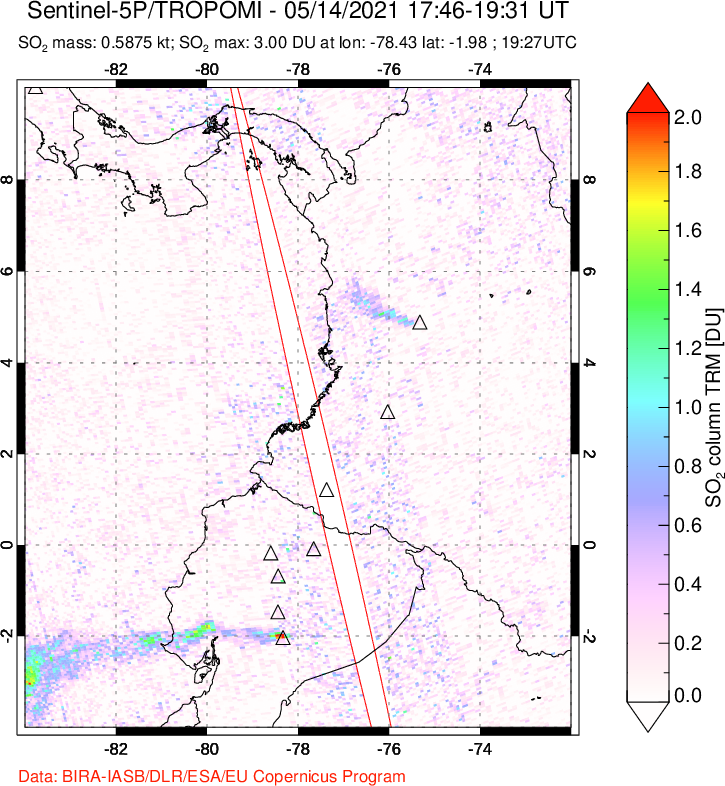 A sulfur dioxide image over Ecuador on May 14, 2021.