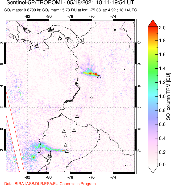 A sulfur dioxide image over Ecuador on May 18, 2021.