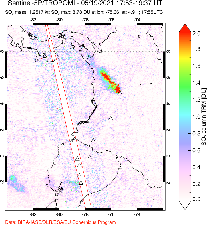 A sulfur dioxide image over Ecuador on May 19, 2021.